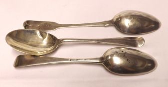 A group of three Antique Tablespoons, one Hanoverian pattern, London 1764 (A/F), one Hanoverian –