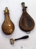 Vintage Embossed Pear-shaped Copper and Brass Powder Flask + Vintage Leather Shot Flask, 9” +
