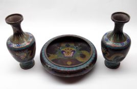 A Cloisonné Circular Bowl of compressed circular form, and a similar pair of Baluster Vases, all