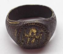 An interesting circa 16th Century Bronze and Gilt Merchants Ring, the front bearing a cypher (or