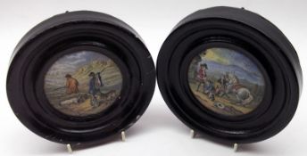 Two Prattware coloured Pot Lids: “Preparing for the Ride” (heavily crazed); together with “The