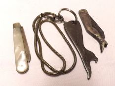A Mixed Lot comprising a Silver Bladed Folding Fruit Knife with Mother-of-Pearl case, Sheffield