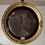 A 19th Century Round Gilt Framed Coloured Engraving of a Tavern Scene, 16” diameter