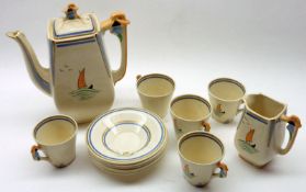 A Burleigh Ware Coffee Set, decorated in colours with stylised sailing boat detail, Reg No
