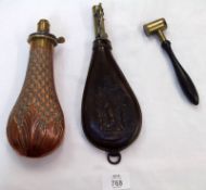 Vintage Embossed Pear-shaped Copper and Brass Powder Flask, 7 ¾” + Vintage Embossed Leather Pear-