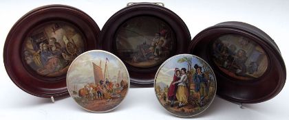 A mixed group of five coloured Prattware Pot Lids: “The Enthusiast” (cracked and re-glued) in dark