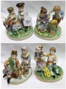A group of four decorated Figure Groups of children, to include figures with goats, sledging