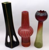 A group of three assorted 20th Century Art Glass Vases comprising, iridescent red and green Vase