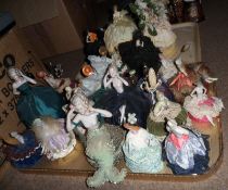 Two Trays: various assorted early 20th Century Pin Cushion Dolls, wearing various elaborate