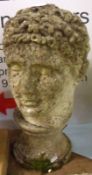 A French  Stone Bust on Stand, formed as the head of a Roman Emperor, 18 ½” high