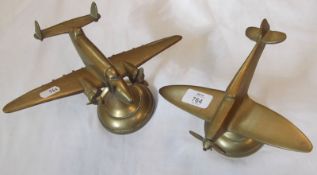 Two Brass Scale Models WWII Aeroplanes, Spitfire wing span 8 ¼” and Lockheed Hudson wing span 10 ¾”