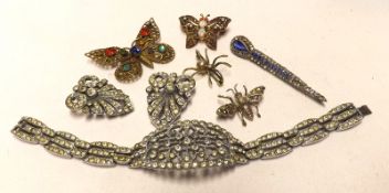 A collection of four 20th Century Gilt Metal Stone Set Insect Brooches, paste two-part Clip, paste