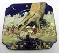 A Royal Doulton shaped square Saucer, decorated with pixies amongst toadstools with gilt highlights,