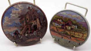 Two Prattware Pot Lids: “Pegwell Bay (Four Shrimpers)” (rim chip) and “The Farriers” (restored),