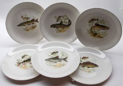 A set of six Crown Devon 9” Dinner Plates, decorated with various fish