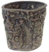 A 20th Century Chinese Bronze patinated Brush Pot, ornately decorated throughout with figures,