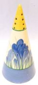 A Clarice Cliff conical Sifter, decorated with a blue Crocus design, 6” high.