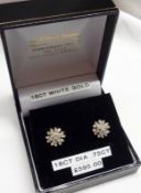 A cased pair of hallmarked 18ct White Gold small brilliant cut Diamond Cluster stud Earrings of