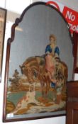 A Grospoint Embroidered Victorian Wool Work Panel, depicting scene of a lady mounted on horseback