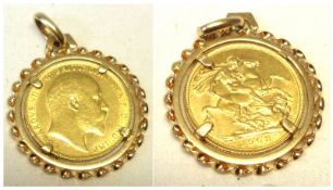 An Edward VII Gold Sovereign dated 1908 within a high grade yellow metal Pendant Mount with rope