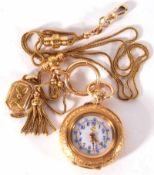 A last quarter of the 19th Century French 18ct Gold cased Fob Watch with button wind, the inner case