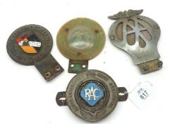 A group of four Vintage Car Badges to include RAC, AA, HIS and Sporting Car Club of Norfolk, the