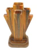 A Myott & Sons art deco period geometric Spill Vase, decorated in an orange and brown treacle type