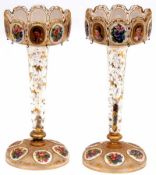 A pair of Venetian Glass Lustres, the hipped rims each applied below with portrait panels of young