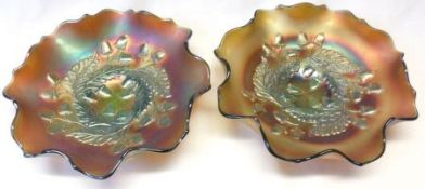 A pair of Carnival Glass crimped Dishes, decorated with oak leaves and acorns, 7 ½” wide