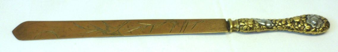 A Japanese Bronze bladed Paper Knife with bird and foliate engraving to either side of blade, ornate