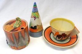 A Mixed Lot of Clarice Cliff: Delecia pattern circular covered Preserve Pot with moulded finial
