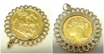 A Victorian young head Gold Sovereign dated 1866 within pierced 9ct Gold Pendant mount with