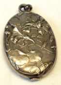 An unmarked white metal oval Folding Compact Mirror in Art Nouveau taste, oval shaped with sliding