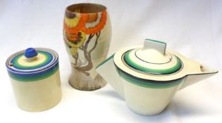 A Mixed Lot of Clarice Cliff: Rodanthe Vase of ribbed tapering form, (extensive hairline crack),