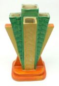 A Myott & Sons art deco period geometric Spill Vase, decorated in an green, yellow and orange