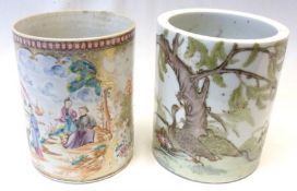 A 19th Century cylindrical Brush Pot, painted in colours with Oriental Figures and river scene,