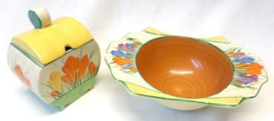 A Clarice Cliff Bonjour shaped lidded Sugar Bowl or Preserve Pot, decorated with a Crocus design’