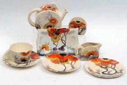 A Clarice Cliff Bonjour Tea Set, decorated with the “Rodanthe” design comprising: A Tea Pot, a