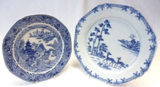 Two 18th Century Chinese Plates of octagonal form, one decorated in under glazed blue with deer