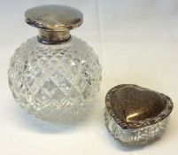 An Edwardian cut glass heart shaped small Dressing Table Box, with embossed edge Silver lid, (with