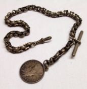 A Continental white metal burnished and plain belcher link Watch Chain with “T” bar and coin