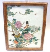 A Chinese famille rose Porcelain Plaque, well painted in colours, with cockerels in a tree, probably