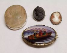 A mixed lot including a 19th Century Continental gilt metal framed oval Ceramic Brooch, hand painted
