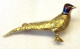 A hallmarked 9ct Gold Pheasant design Brooch with enamelled head, 33mm long, weighing
