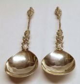 A pair of Victorian Apostle Serving Spoons with egg shaped bowls, cast stems, 6 ½” long, Sheffield