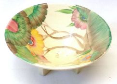 A Clarice Cliff circular Bowl, decorated with a Rodanthe design, raised on a crossed platform