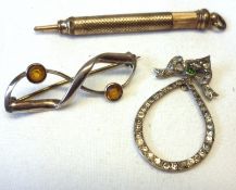 A mixed lot of gilt metal propelling pencil, hallmarked Silver, yellow stone set figure of eight