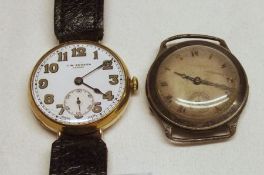 A Gents first quarter of the 20th Century 9ct Gold cased Wristwatch, luminous numbers to a white