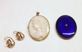 A mixed lot of Cameo Pendant, blue enamel Buckle with white stone centre, pair of Earrings