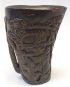 An Ox Horn small Libation Cup, decorated with Oriental figures and foliage, etc, 20th Century,